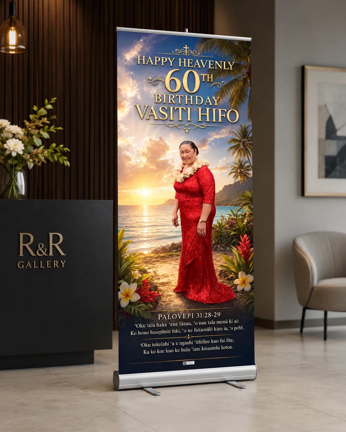 Memorial birthday roll-up banner shown with its display stand