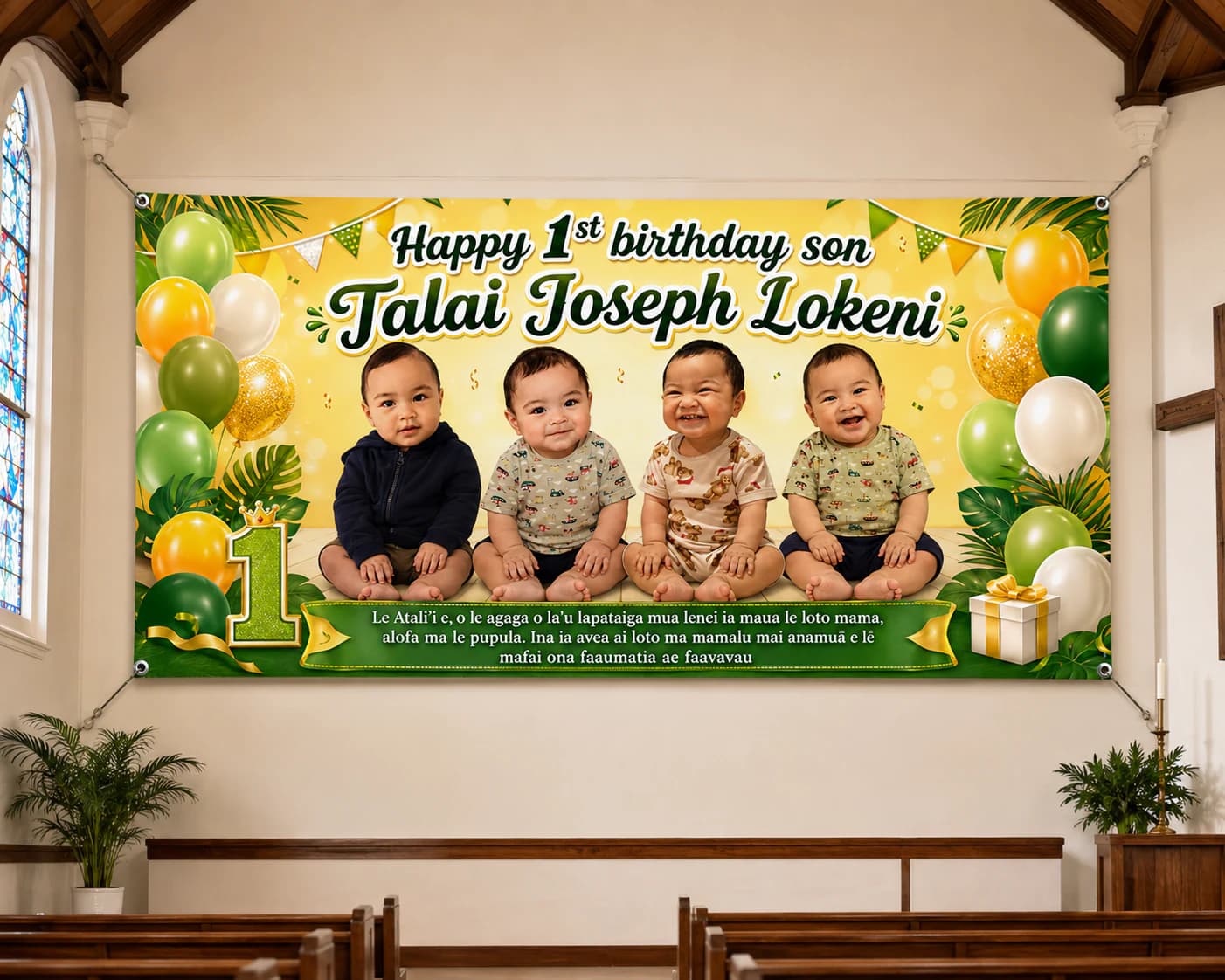 Custom fifth birthday wall banner displayed indoors