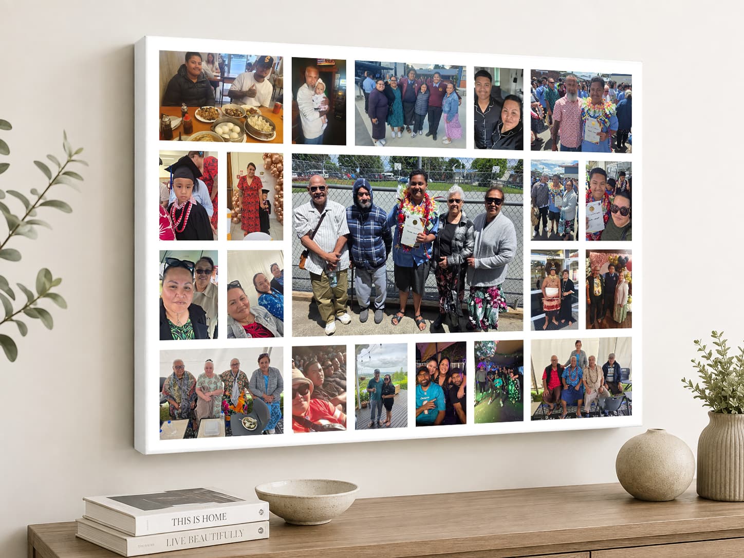 A multi-photo family collage composed and printed on a gallery-wrapped canvas