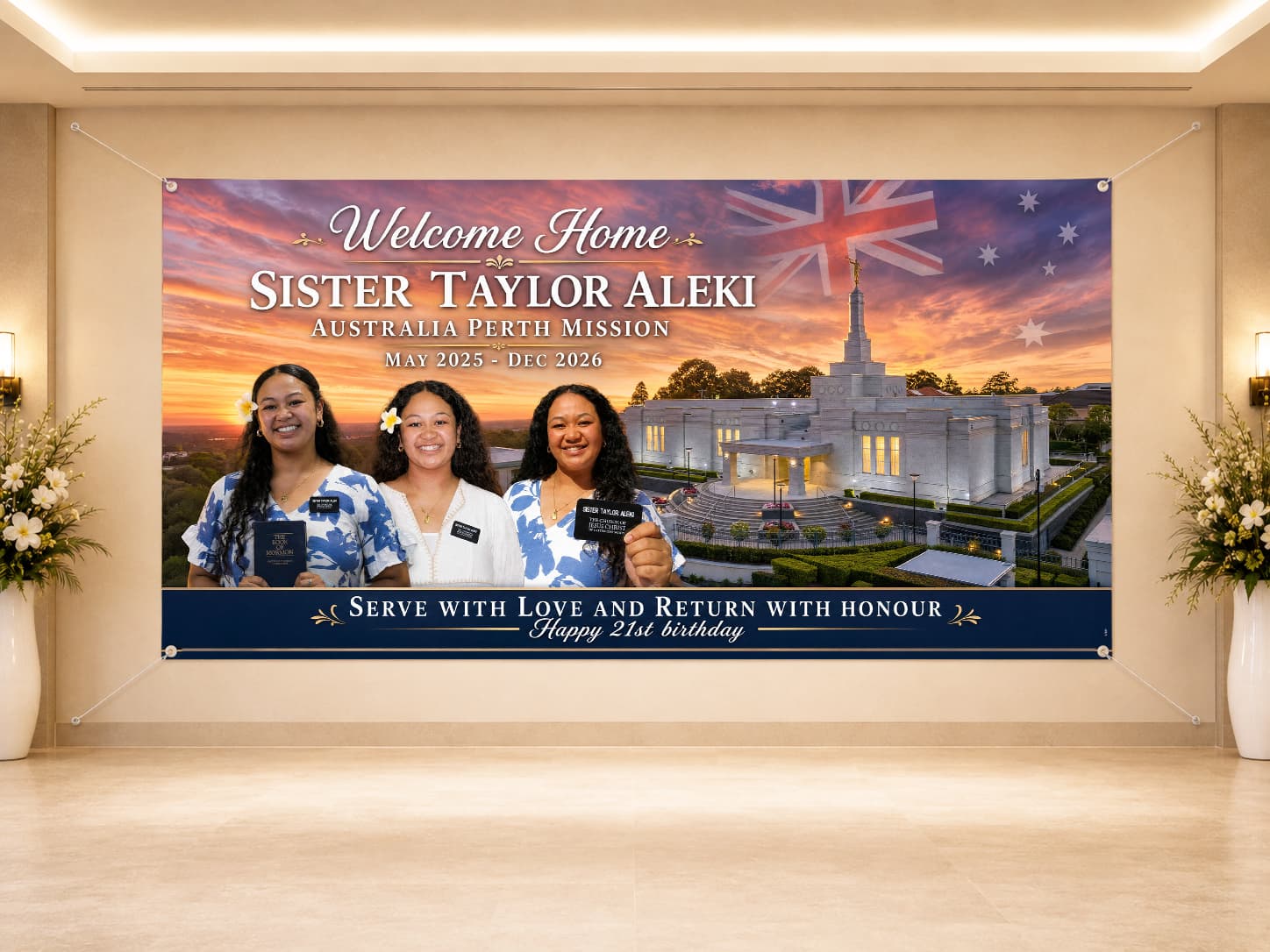 A wide painterly welcome-home portrait banner hung by reinforced corner eyelets